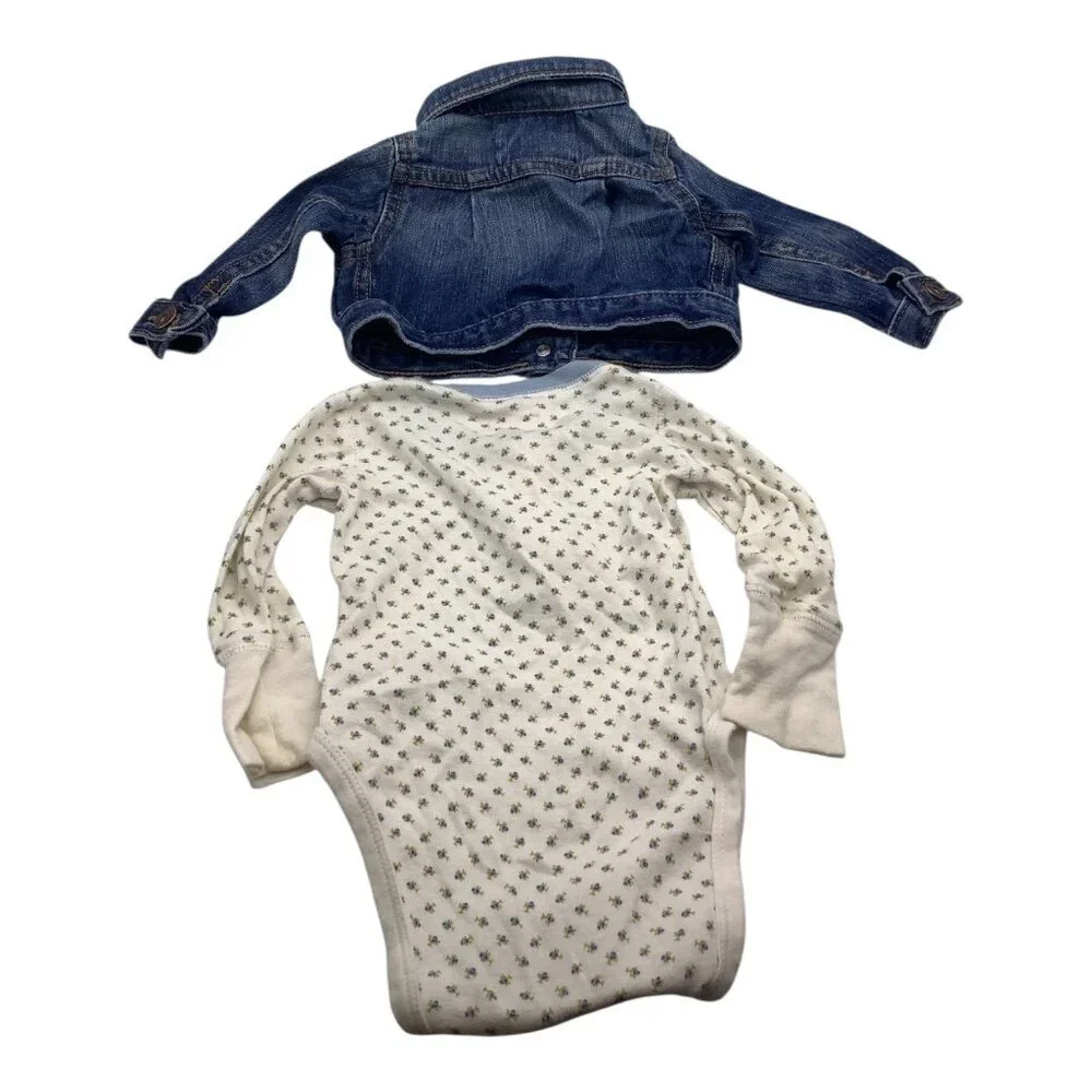 Lot of 2 OshKosh Baby Girl Size 6 Months Floral White Bodysuit Denim Blue Jacket